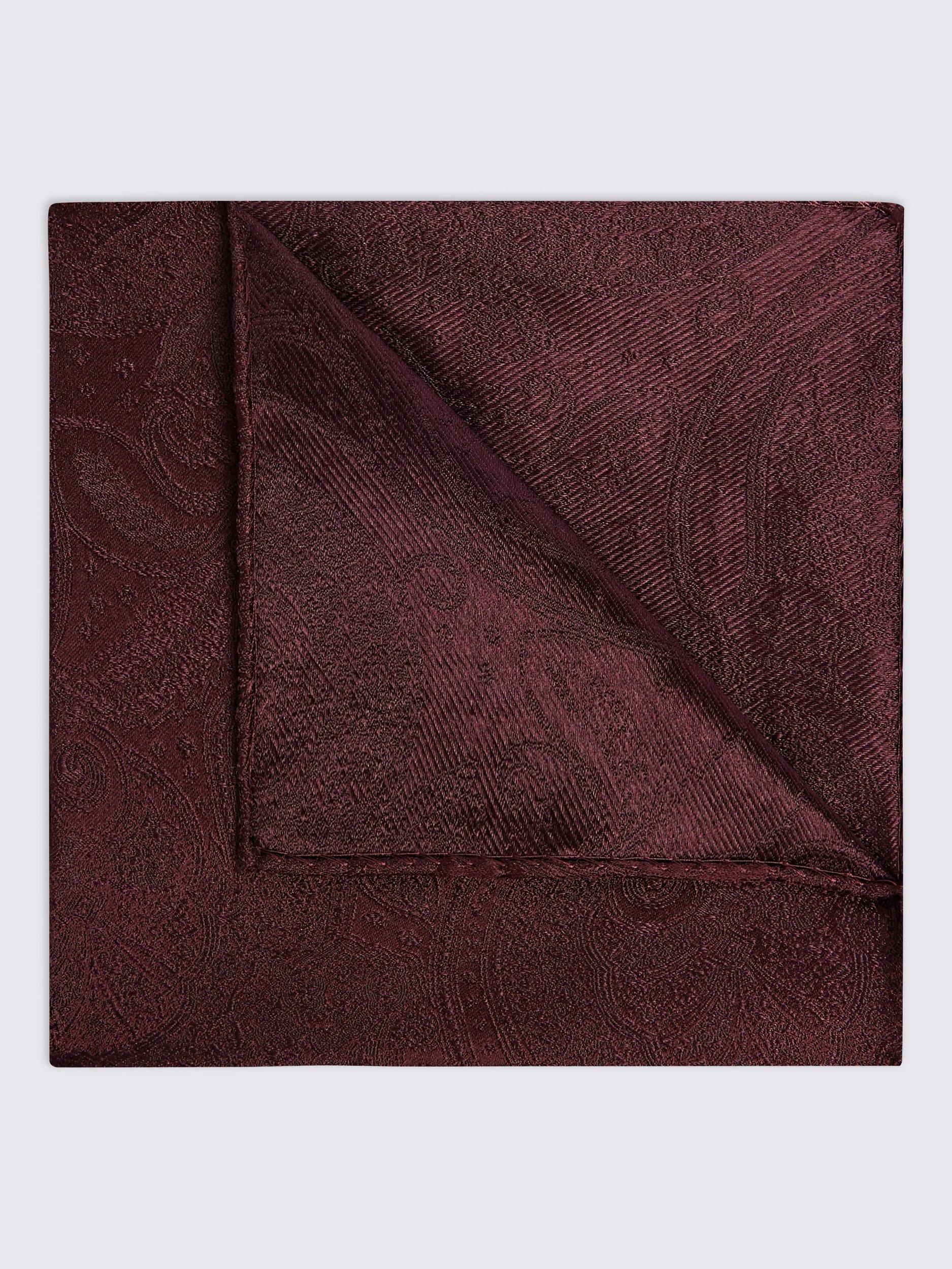 Product image 1 of 3, which shows Moss Paisley Silk Pocket Square, Burgundy