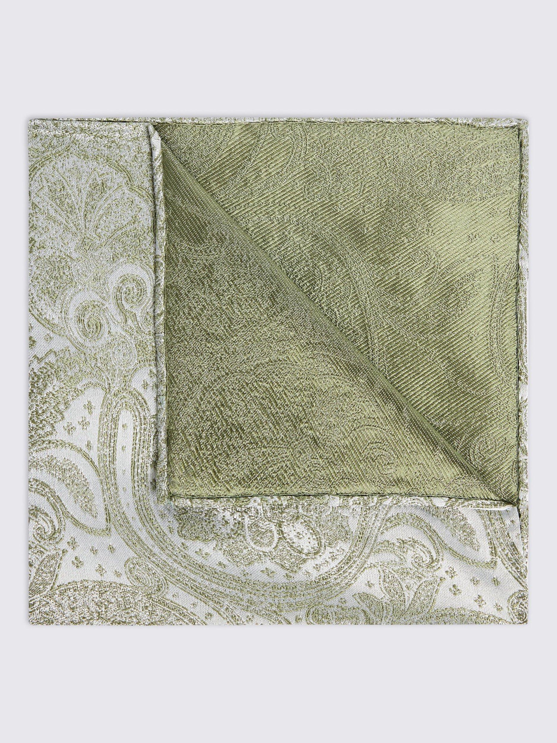 Product image 1 of 3, which shows Moss Paisley Silk Pocket Square, Sage