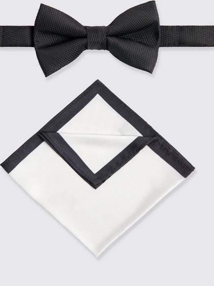 Moss Textured Bow Tie & Handkerchief Set, Black, Black