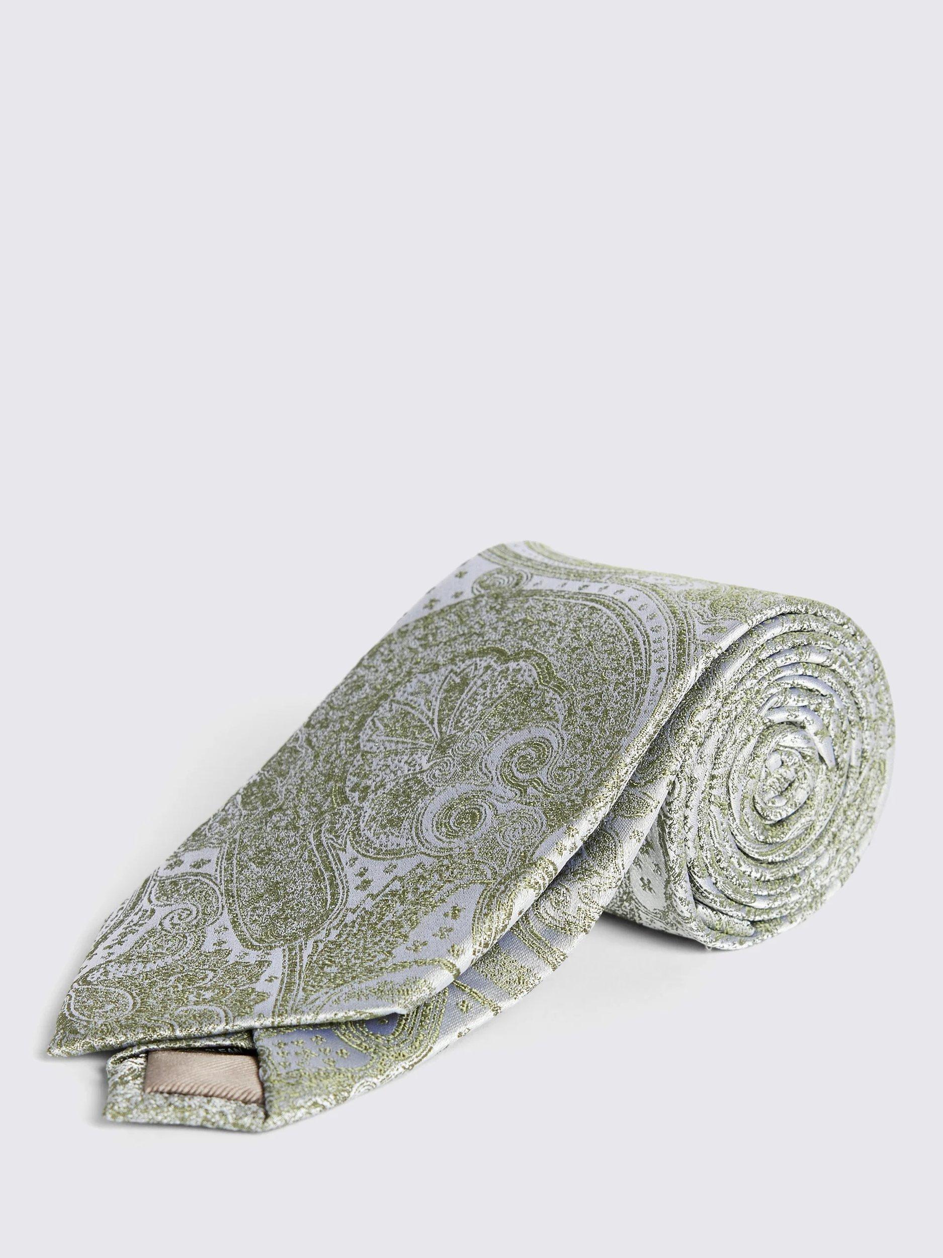 Product image 1 of 3, which shows Moss Paisley Silk Tie, Sage, One Size