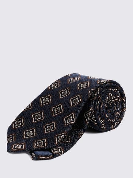 Moss Silk & Wool Medallian Motif Tie, Blue, Blue