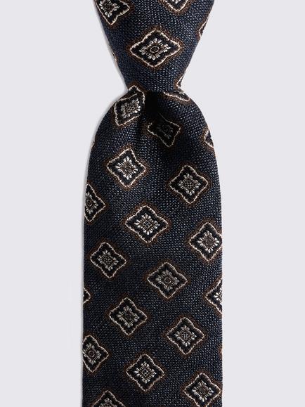 Moss Silk & Wool Medallian Motif Tie, Blue - view 2, Blue