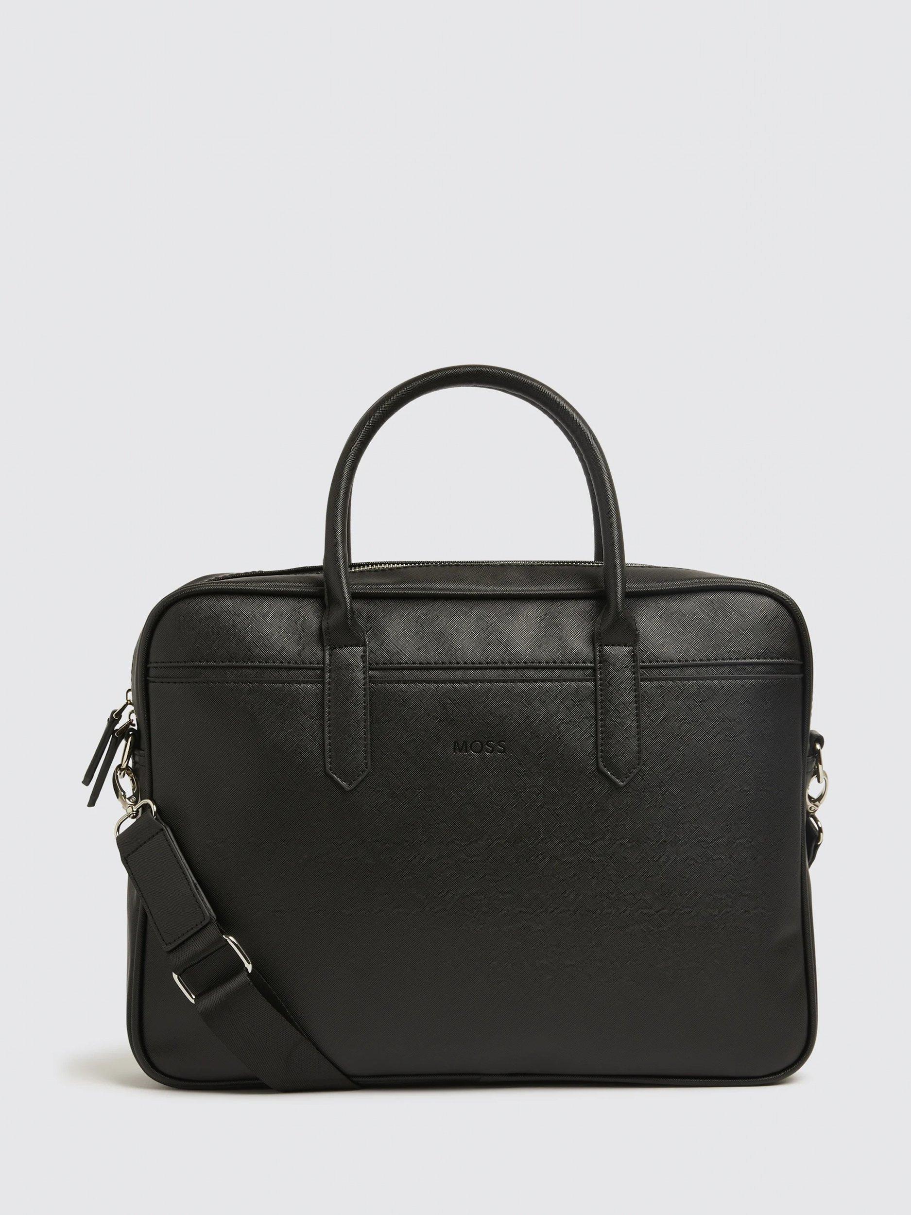 Product image 1 of 4, which shows Moss Saffiano Effect Faux Leather Briefcase, Black