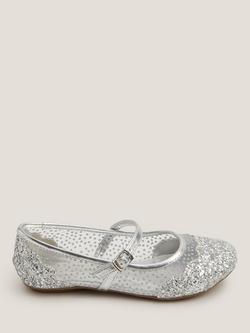 Monsoon Kids' Glitter Mesh Ballet Flats, Silver, Silver