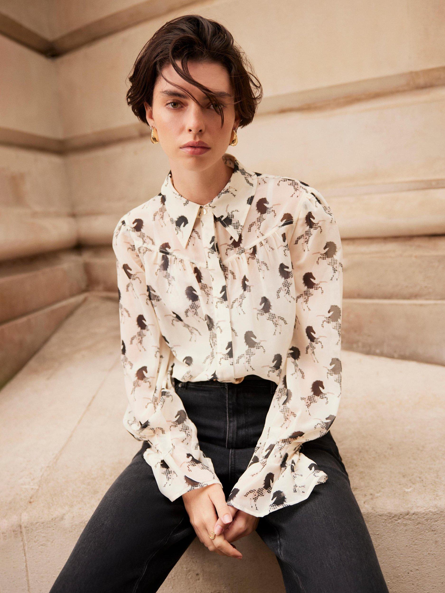 Product image 1 of 7, which shows Mint Velvet Horse Print Sheer Blouse, Natural Cream, XS