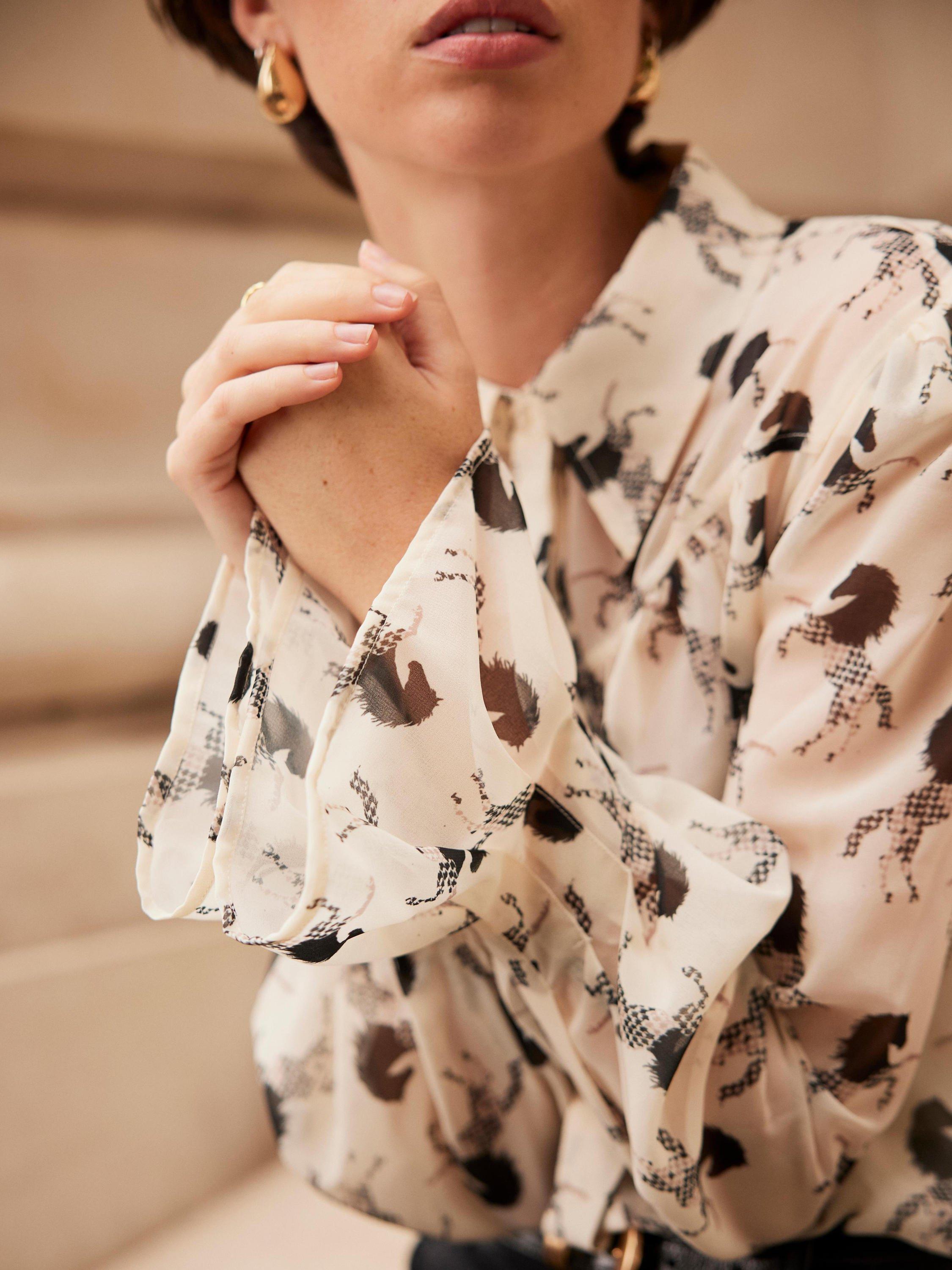 Product image 4 of 7, which shows Mint Velvet Horse Print Sheer Blouse, Natural Cream, XS