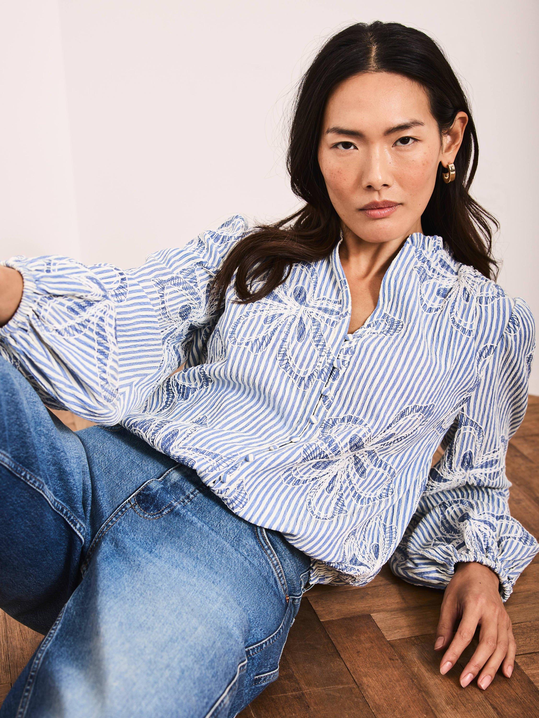 Product image 2 of 7, which shows Mint Velvet Embroidered Floral Blouse, Blue/White, XS