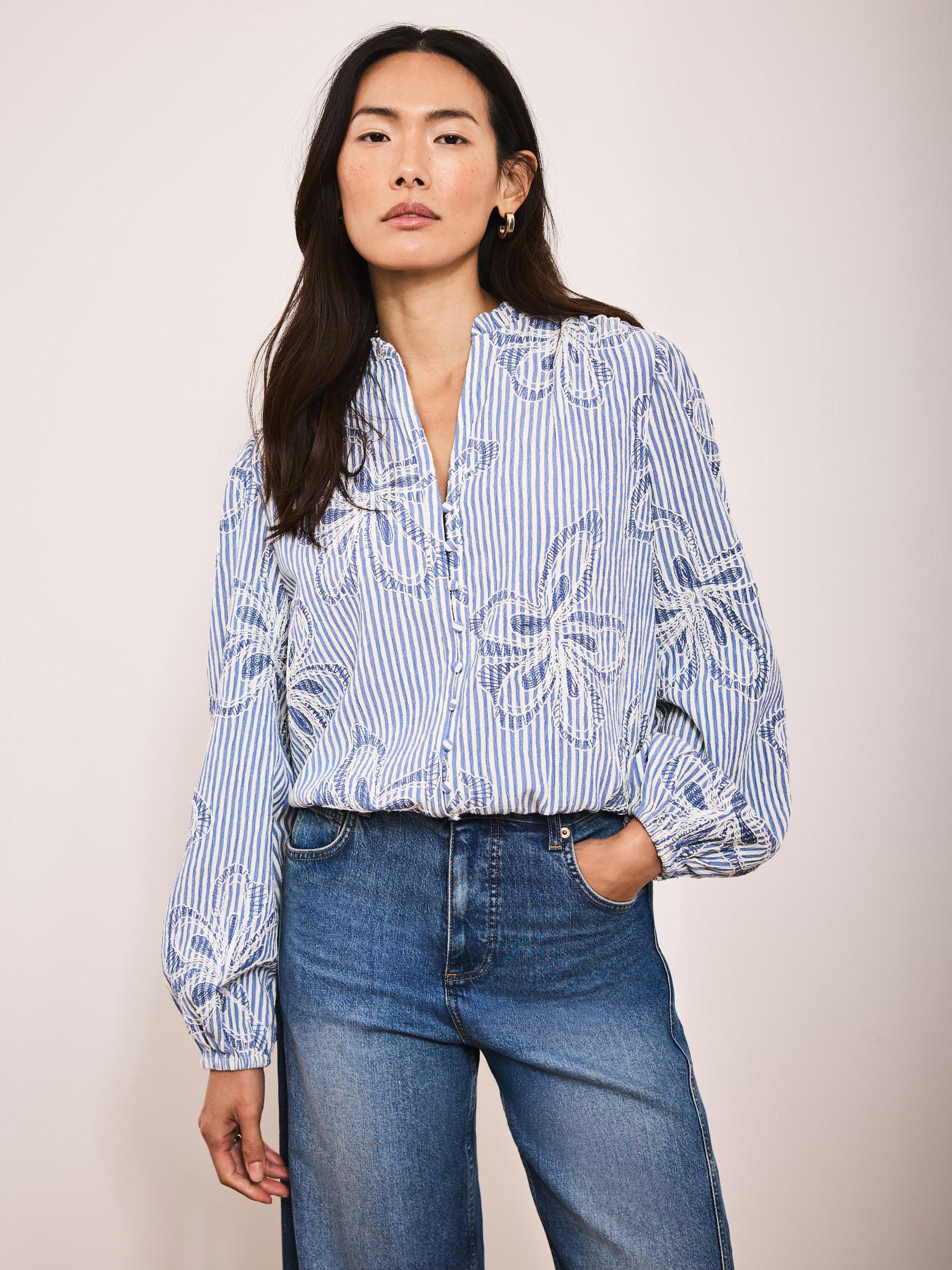 Product image 4 of 7, which shows Mint Velvet Embroidered Floral Blouse, Blue/White, XS