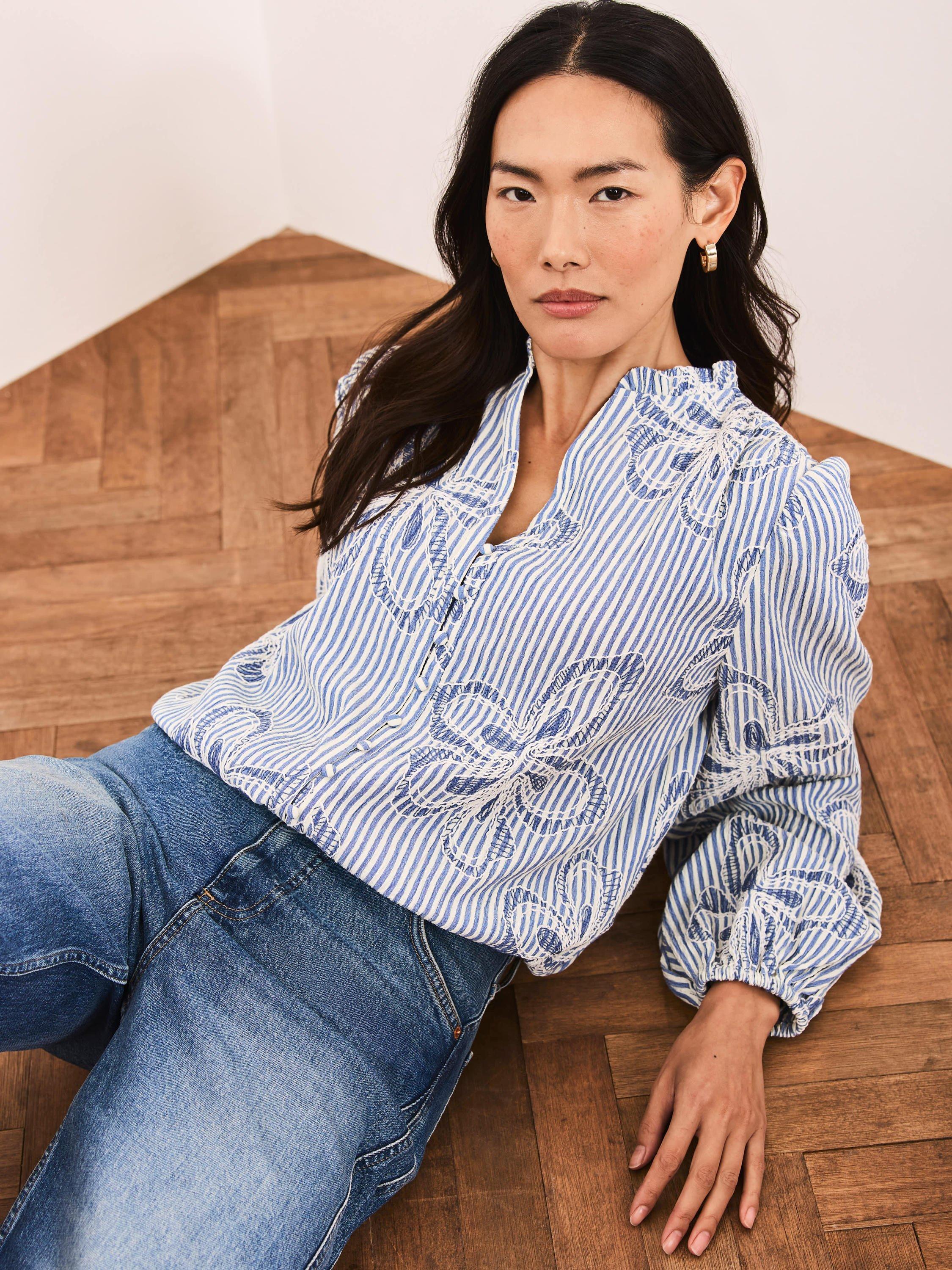 Product image 5 of 7, which shows Mint Velvet Embroidered Floral Blouse, Blue/White, XS