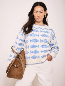 Mint Velvet Wool Blend Stripe Fish Design Knit Jumper, White Ivory/Blue