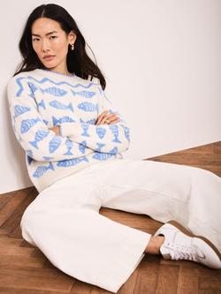 Mint Velvet Wool Blend Stripe Fish Design Knit Jumper - view 2, White Ivory/Blue