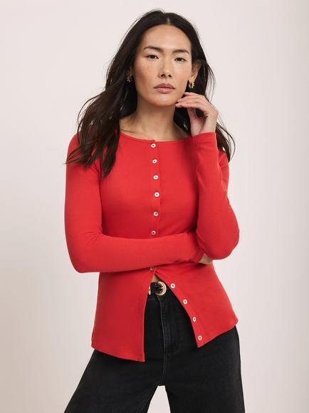 Mint Velvet Cotton Blend Button Detail Top, Red
