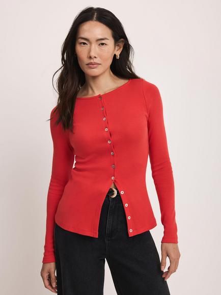 Mint Velvet Cotton Blend Button Detail Top - view 2, Red