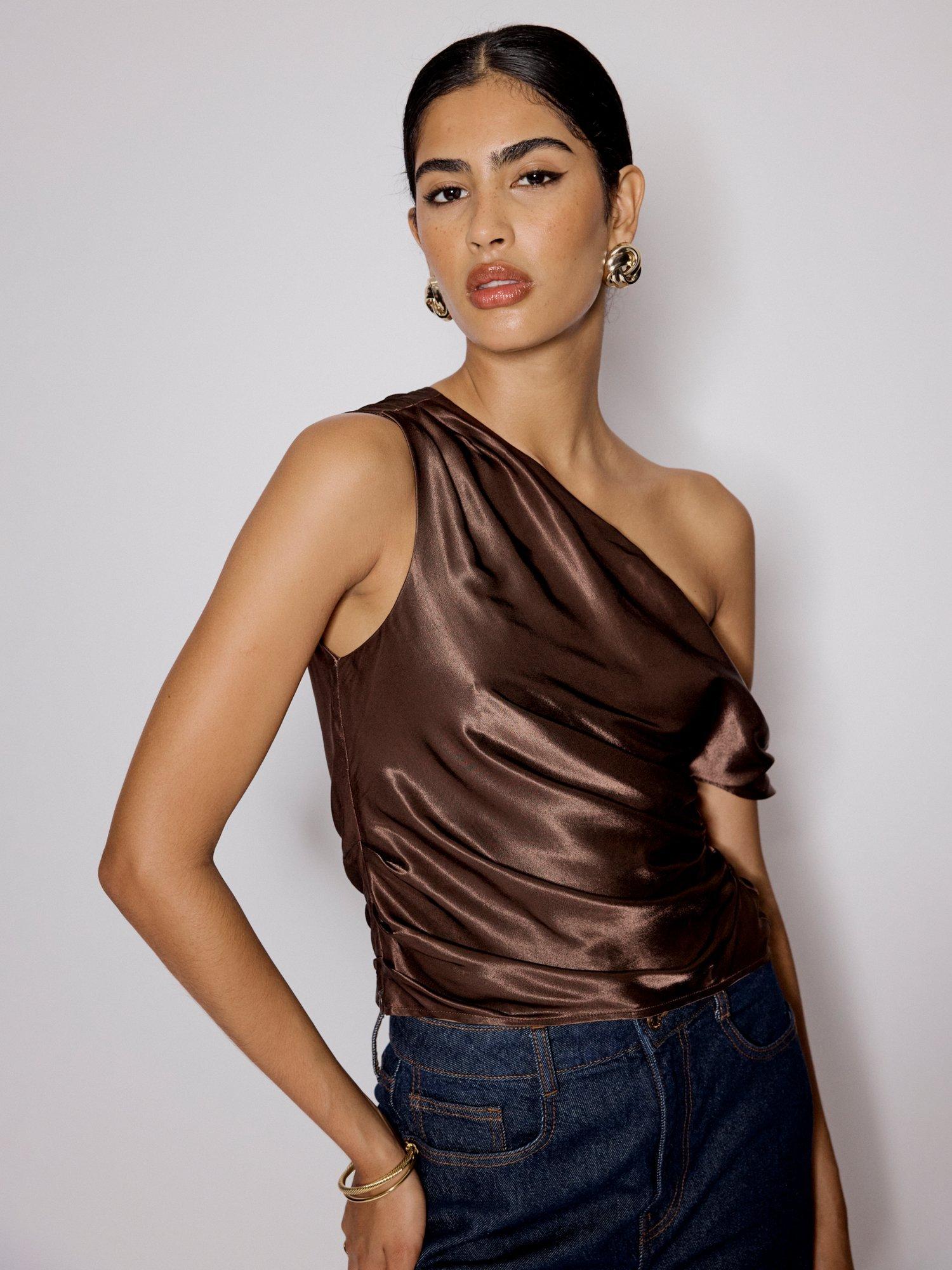 Product image 1 of 5, which shows Nobody's Child Katty One Shoulder Satin Top containing LENZING™ ECOVERO™ Viscose, Brown, 8