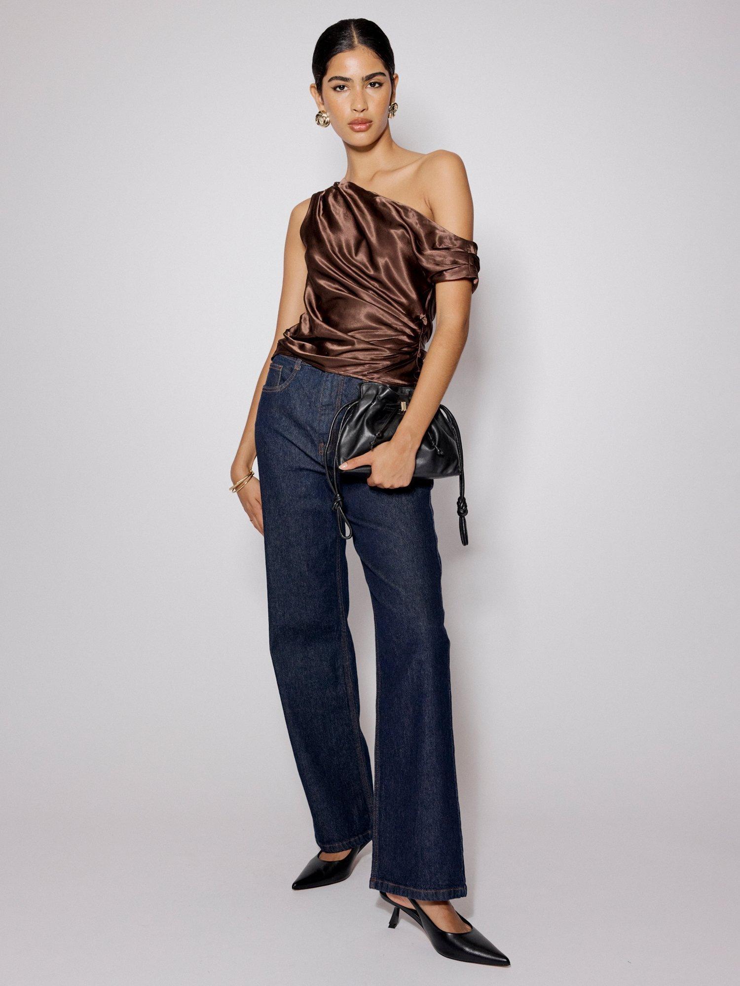 Product image 2 of 5, which shows Nobody's Child Katty One Shoulder Satin Top containing LENZING™ ECOVERO™ Viscose, Brown, 8