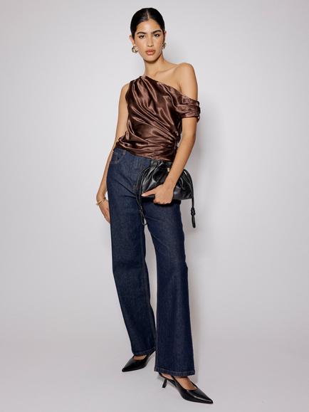 Nobody's Child Katty One Shoulder Satin Top containing LENZING™ ECOVERO™ Viscose, Brown - view 2, Brown