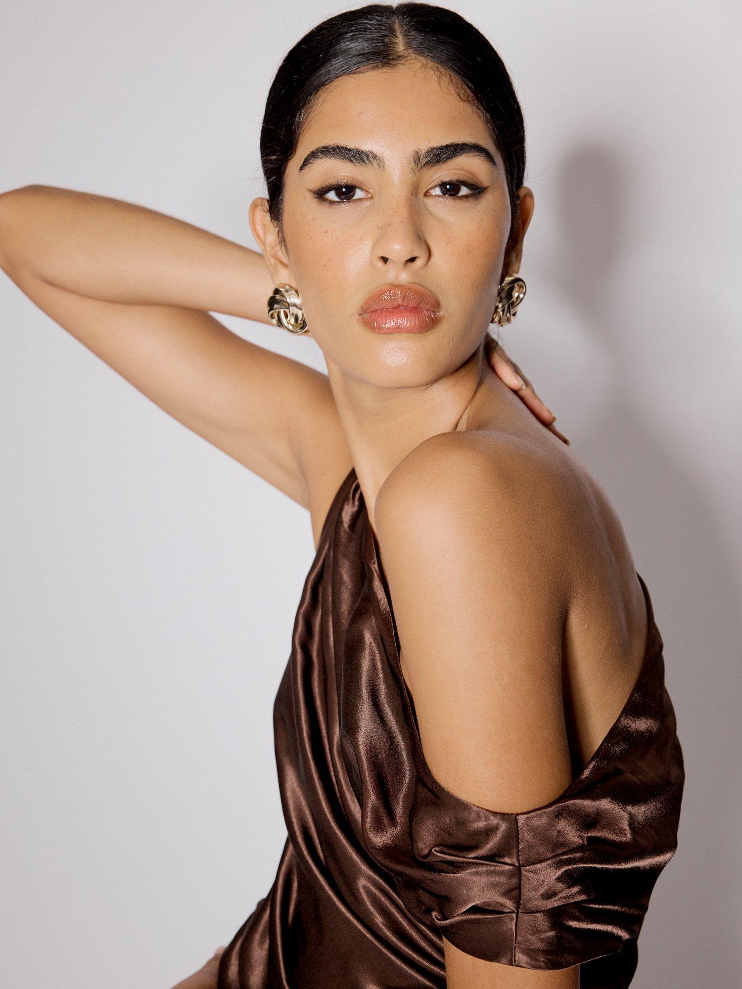 Product image 3 of 5, which shows Nobody's Child Katty One Shoulder Satin Top containing LENZING™ ECOVERO™ Viscose, Brown, 8