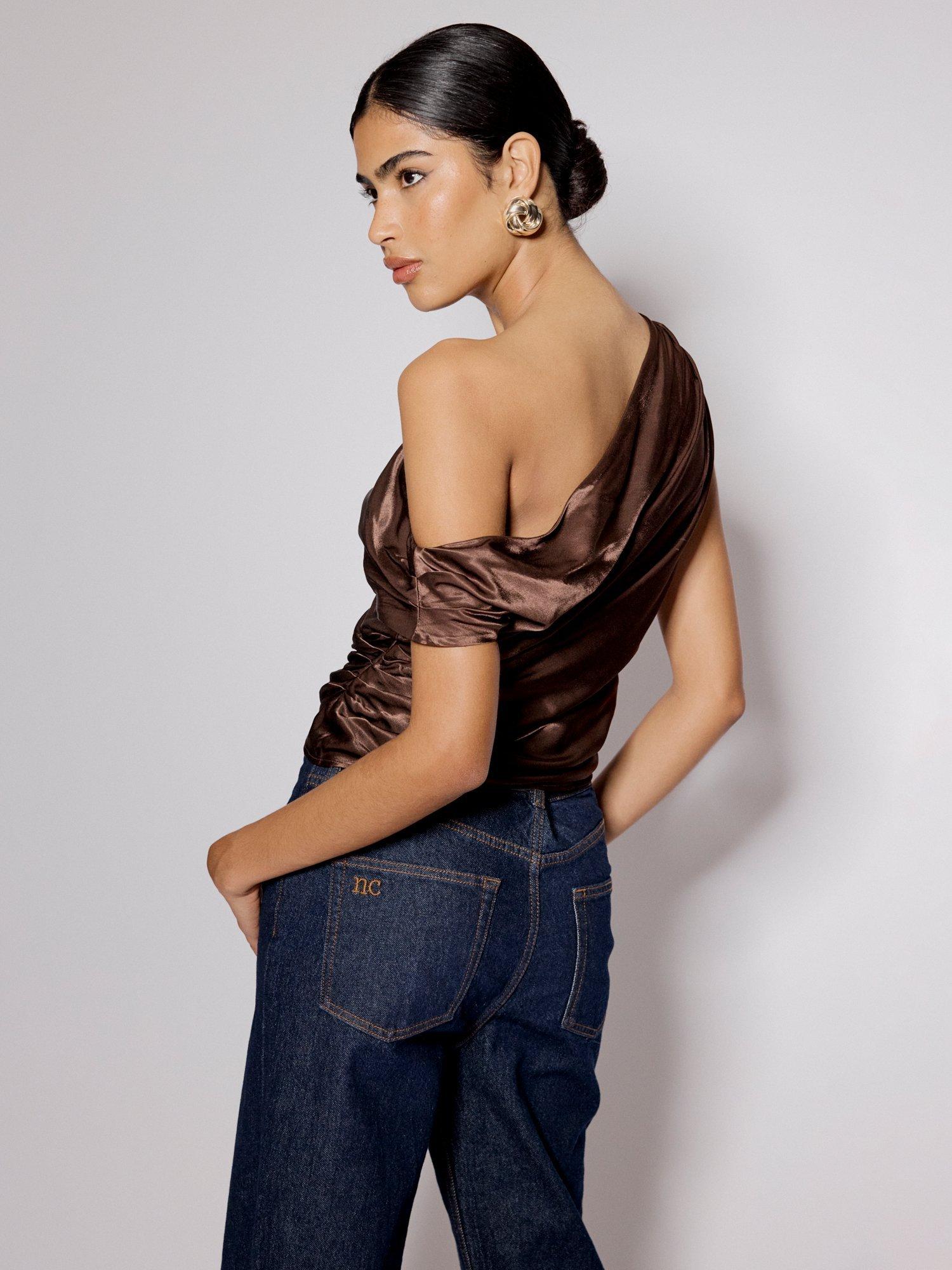 Product image 5 of 5, which shows Nobody's Child Katty One Shoulder Satin Top containing LENZING™ ECOVERO™ Viscose, Brown, 8
