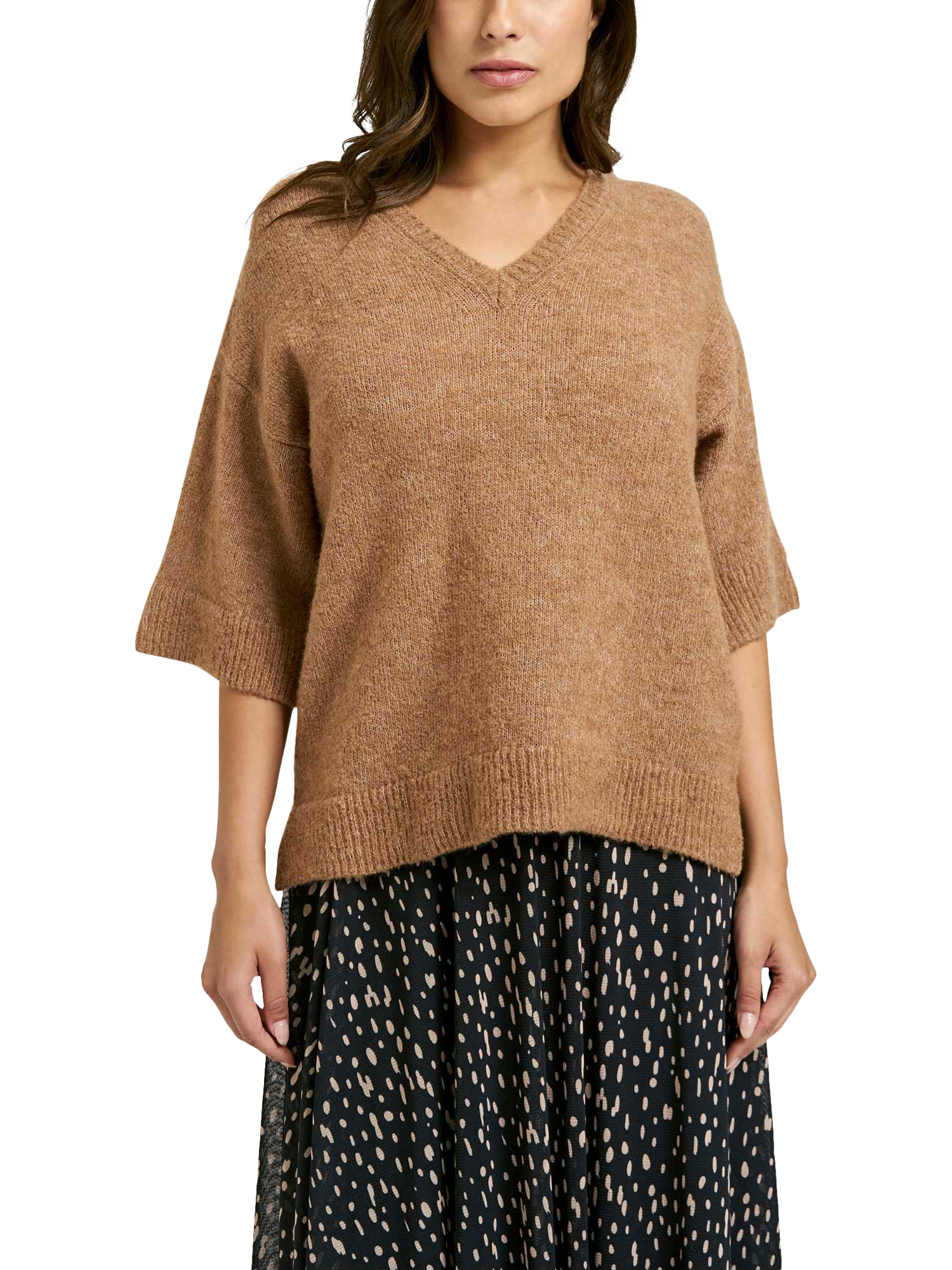 Product image 1 of 5, which shows Smith & Soul V-Neck Boucle Jumper, Caramel, XS
