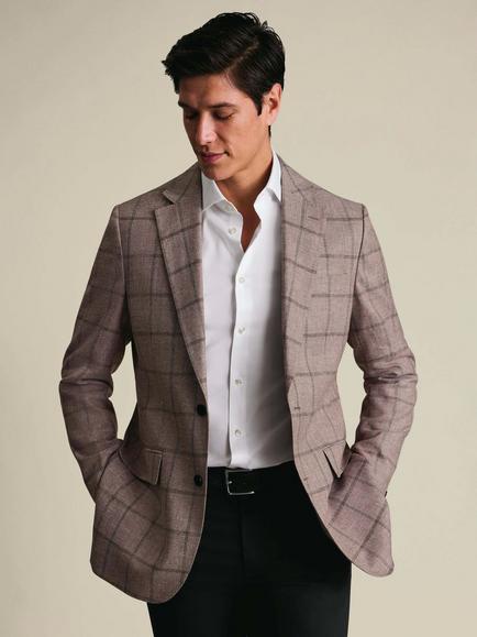 Charles Tyrwhitt Lightweight Windowpane Check Suit Jacket, Burgundy Red - view 2, Burgundy Red
