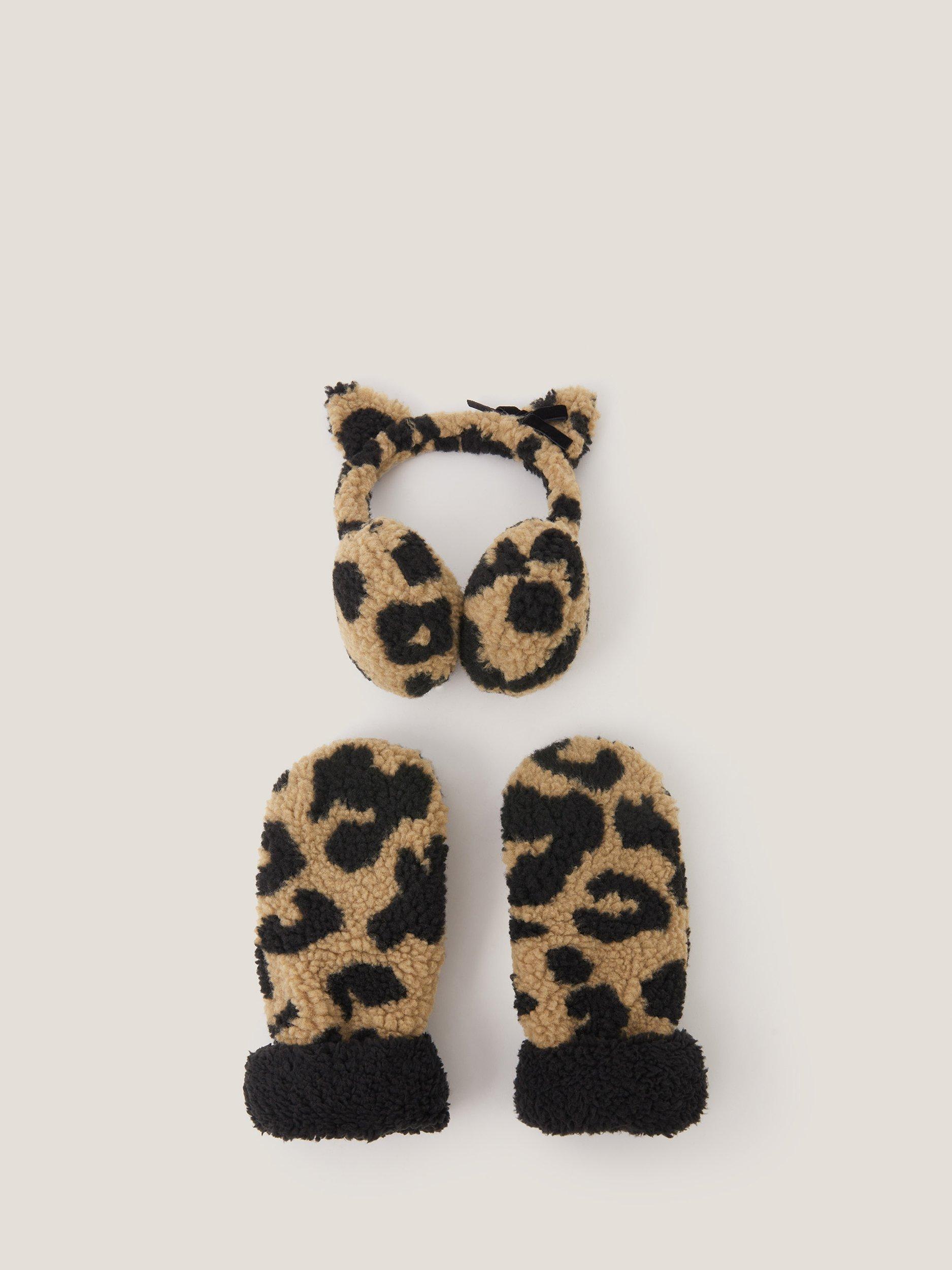 Product image 1 of 2, which shows Monsoon Kids' Leopard Earmuff and Mitten Set, Multi, 3-6 years