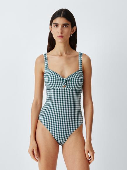 John Lewis Textured Gingham Knot Front Swimsuit, Teal, Teal
