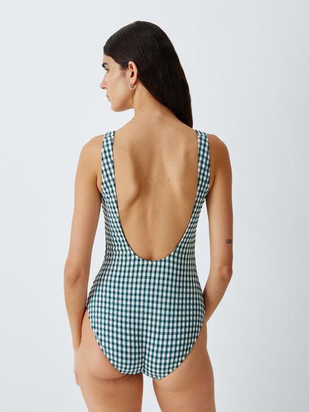 John Lewis Textured Gingham Knot Front Swimsuit, Teal - view 2, Teal