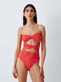 John Lewis Cabana Bloom Bandeau Swimsuit, Red Multi, Red Multi
