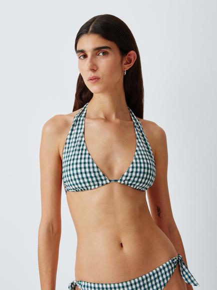 John Lewis Textured Gingham High Apex Bikini Top, Teal, Teal