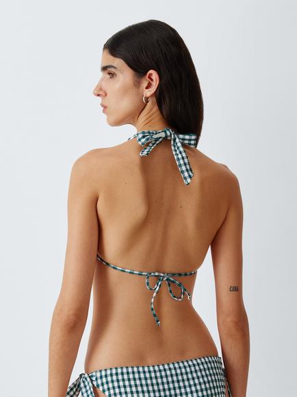John Lewis Textured Gingham High Apex Bikini Top, Teal - view 2, Teal