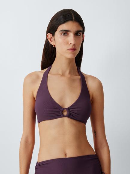 John Lewis Yucatan Ring Detail Textured Halterneck Bikini Top, Plum, Plum