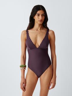 John Lewis Scalloped Swimsuit, Plum - view 2, Plum