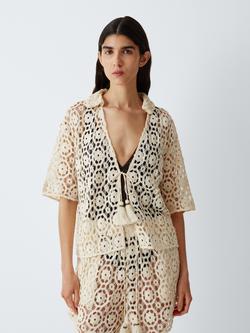 John Lewis Sorrento Crochet Tie Up Shirt, Ivory, Ivory