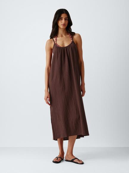 John Lewis Cheesecloth Cami Midi Beach Dress, Chocolate