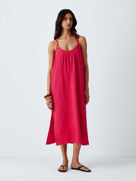John Lewis Cheesecloth Cami Midi Beach Dress, Pink