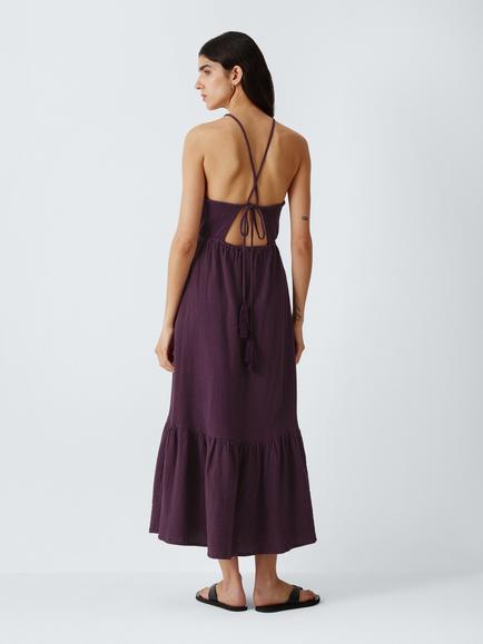 John Lewis Shirred Tiered Maxi Dress, Plum - view 2, Plum