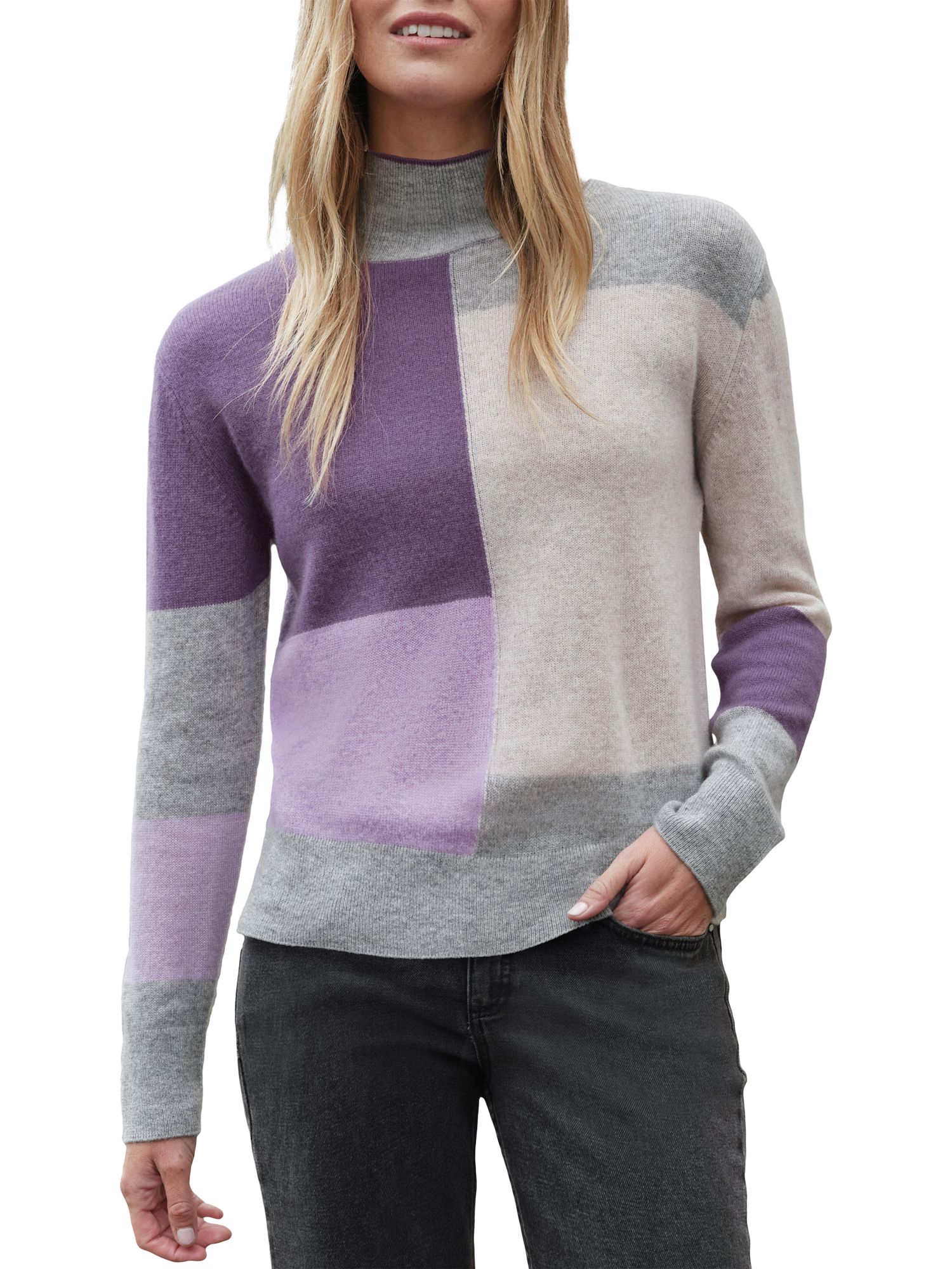 Product image 1 of 3, which shows Pure Collection Colour Block Pure Cashmere Jumper, Grape/Multi, 8