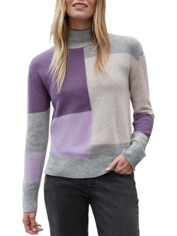Pure Collection Colour Block Pure Cashmere Jumper, Grape/Multi, Grape/Multi