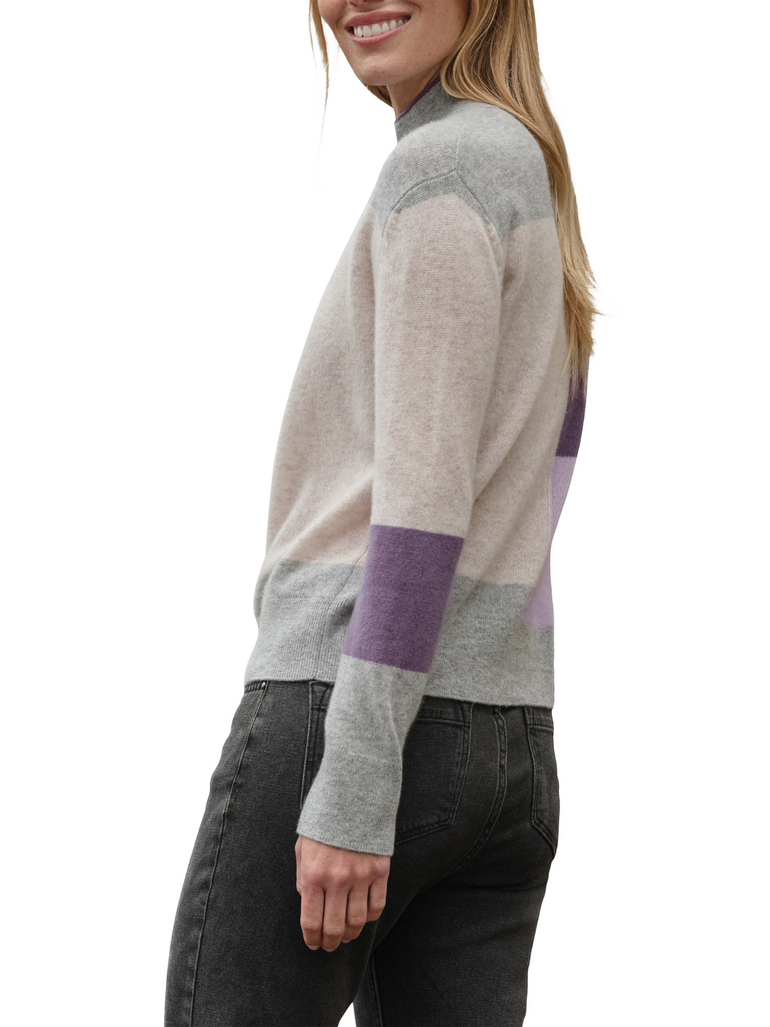 Product image 2 of 3, which shows Pure Collection Colour Block Pure Cashmere Jumper, Grape/Multi, 8