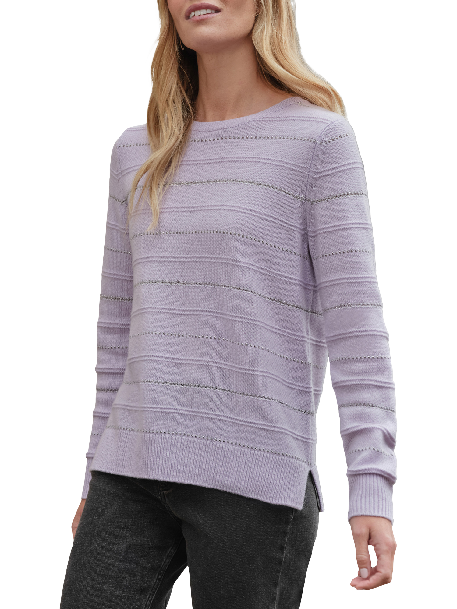 Product image 1 of 3, which shows Pure Collection Metallic Stripe Pure Cashmere Jumper, Lavendula, 8