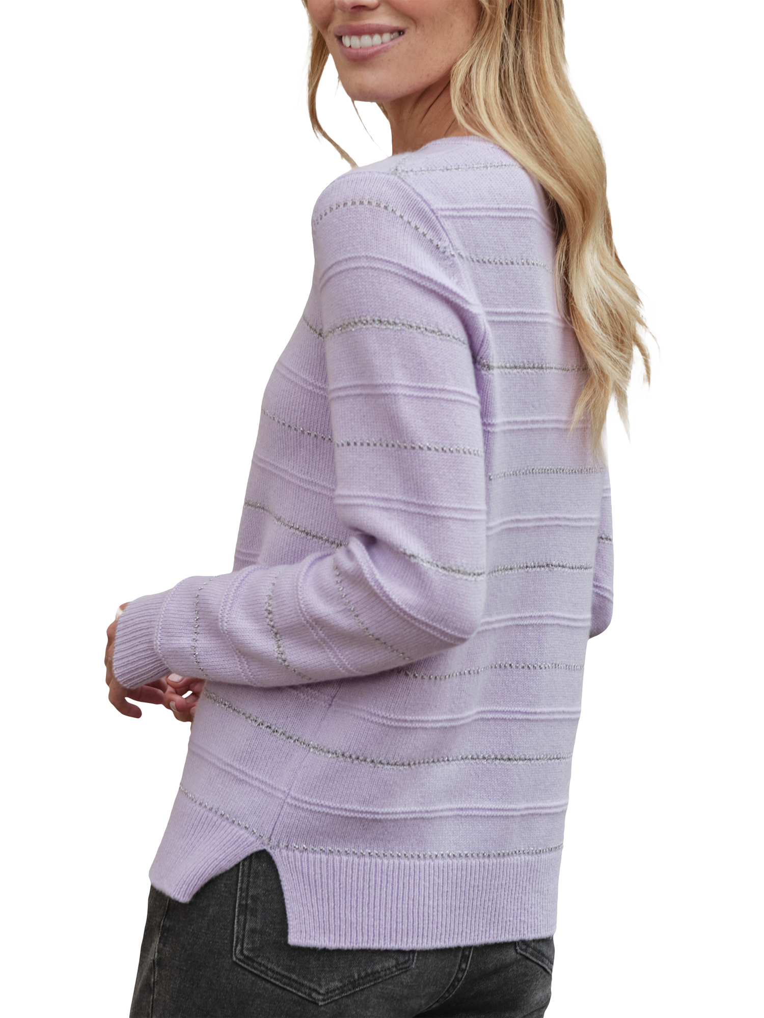 Product image 2 of 3, which shows Pure Collection Metallic Stripe Pure Cashmere Jumper, Lavendula, 8