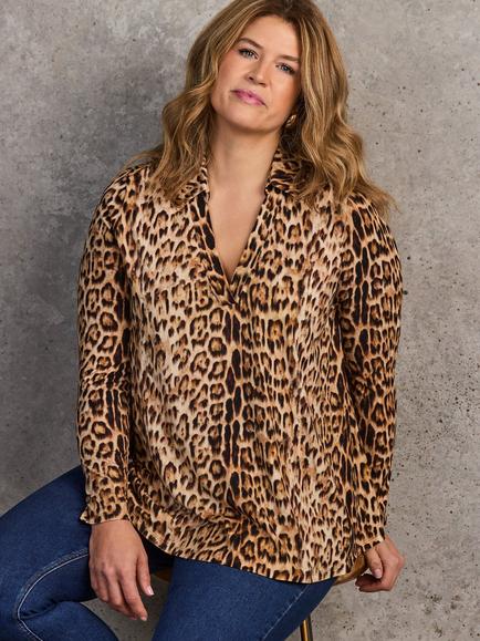 Live Unlimited Curve Animal Print Polo Collar Jersey Top, Brown - view 2, Brown