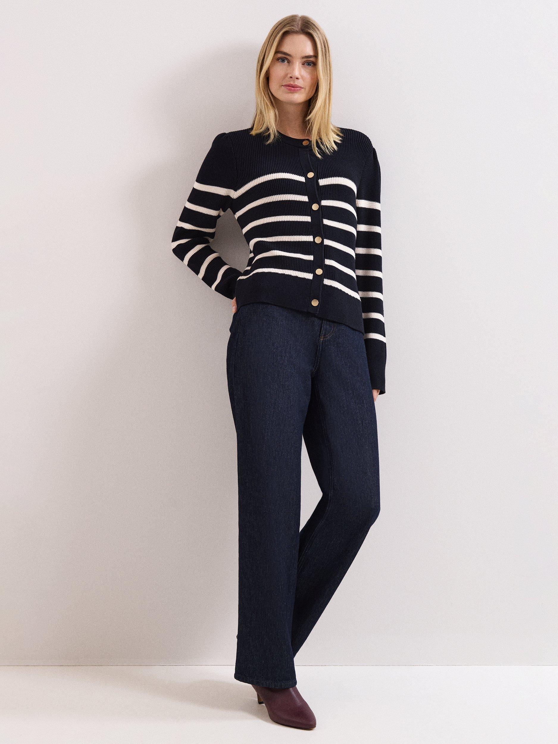 Product image 3 of 10, which shows Phase Eight Grace Stripe Cardigan, Navy/Ivory, XS