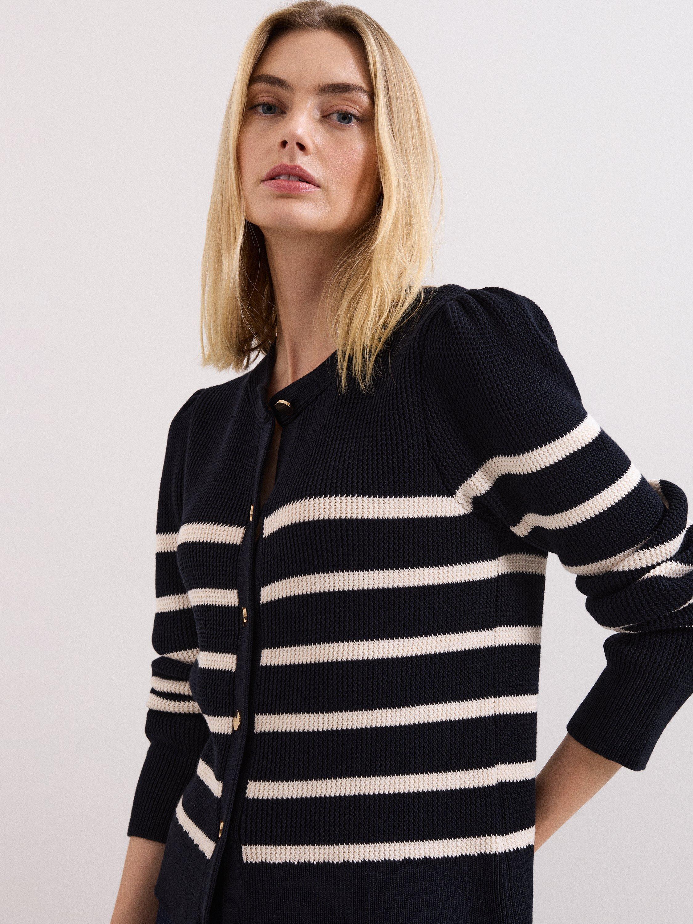 Product image 4 of 10, which shows Phase Eight Grace Stripe Cardigan, Navy/Ivory, XS