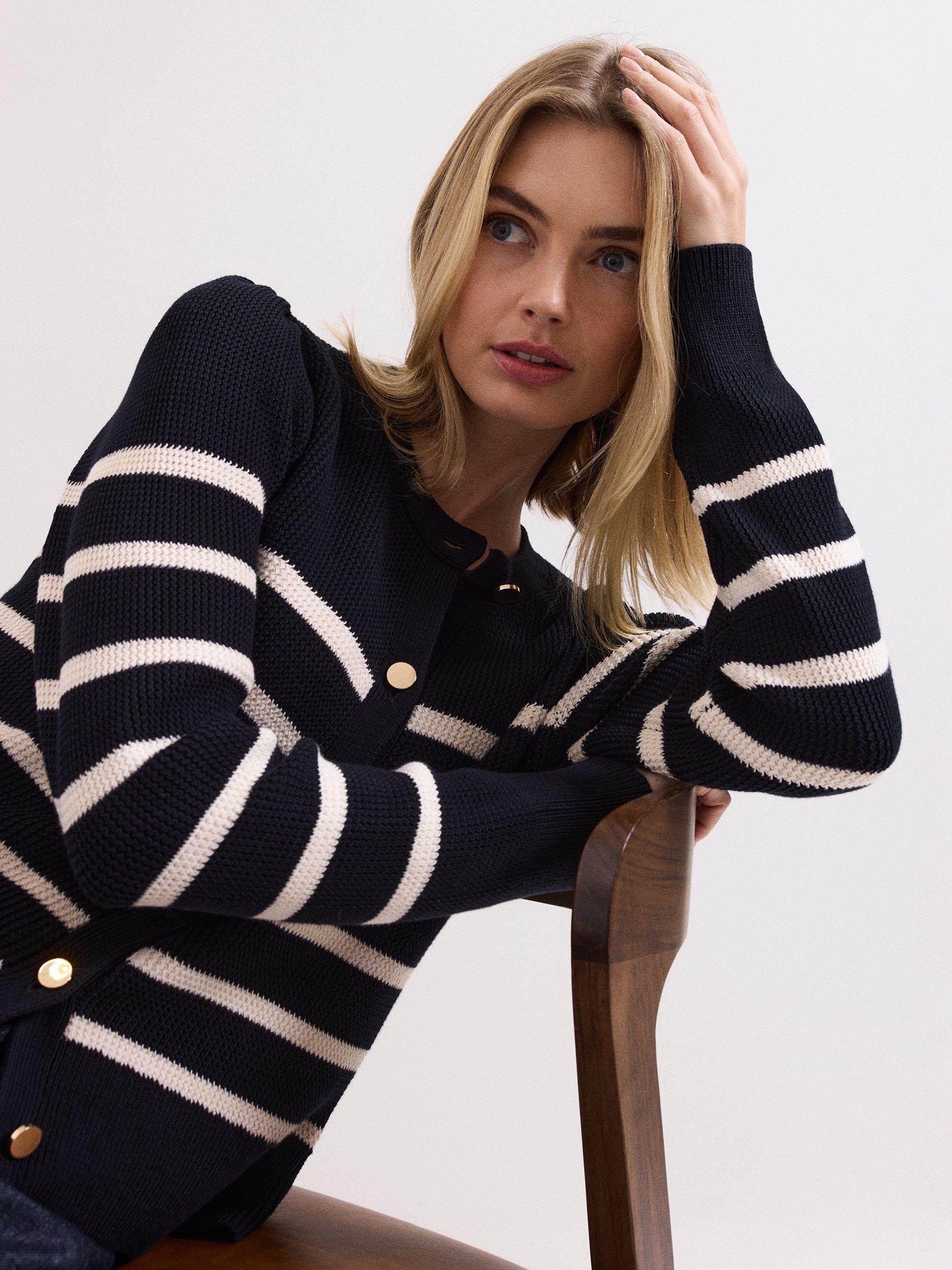 Product image 9 of 10, which shows Phase Eight Grace Stripe Cardigan, Navy/Ivory, XS