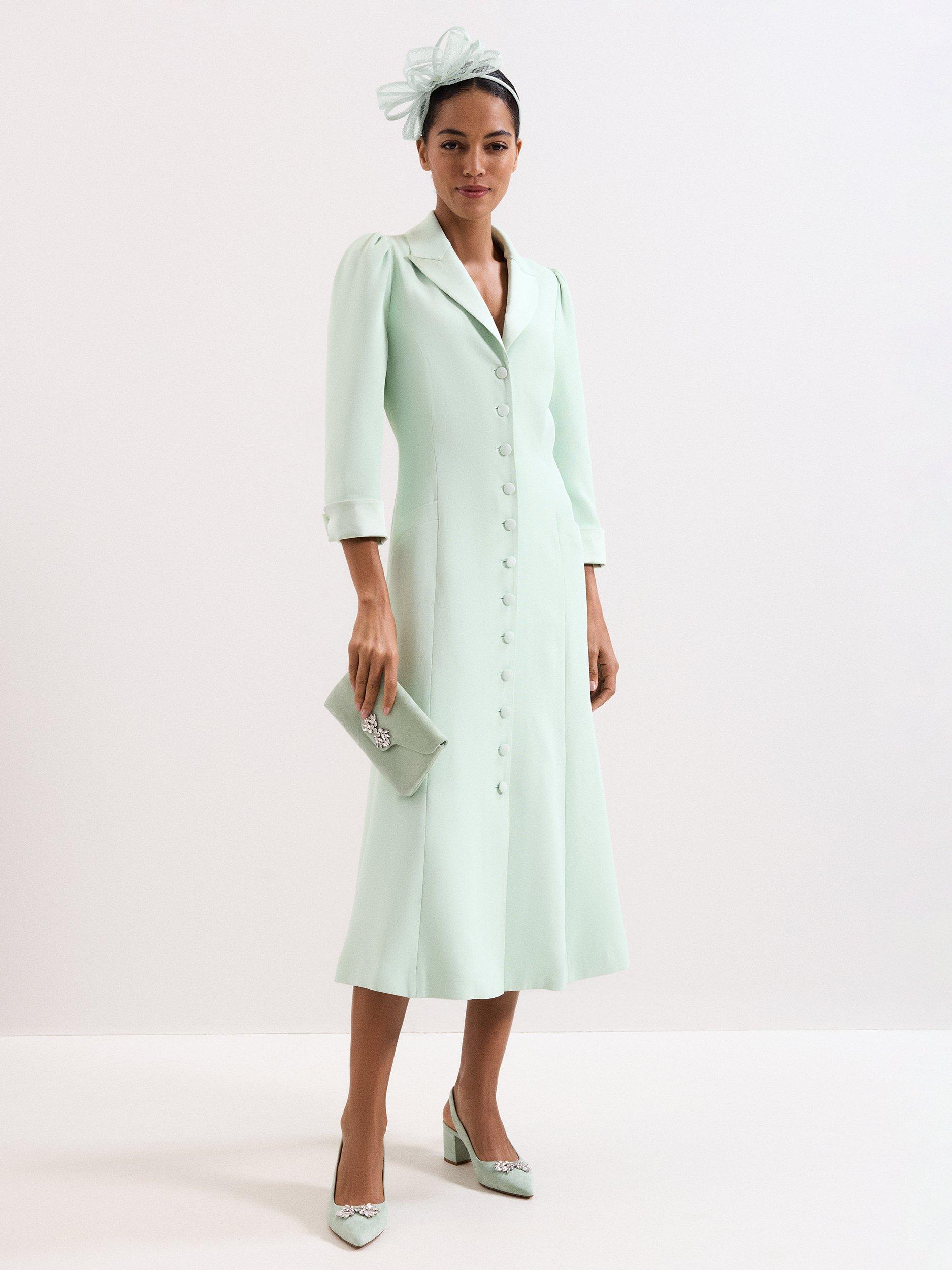 Product image 1 of 9, which shows Phase Eight Paloma Tux Midi Dress, Pale Green, 6