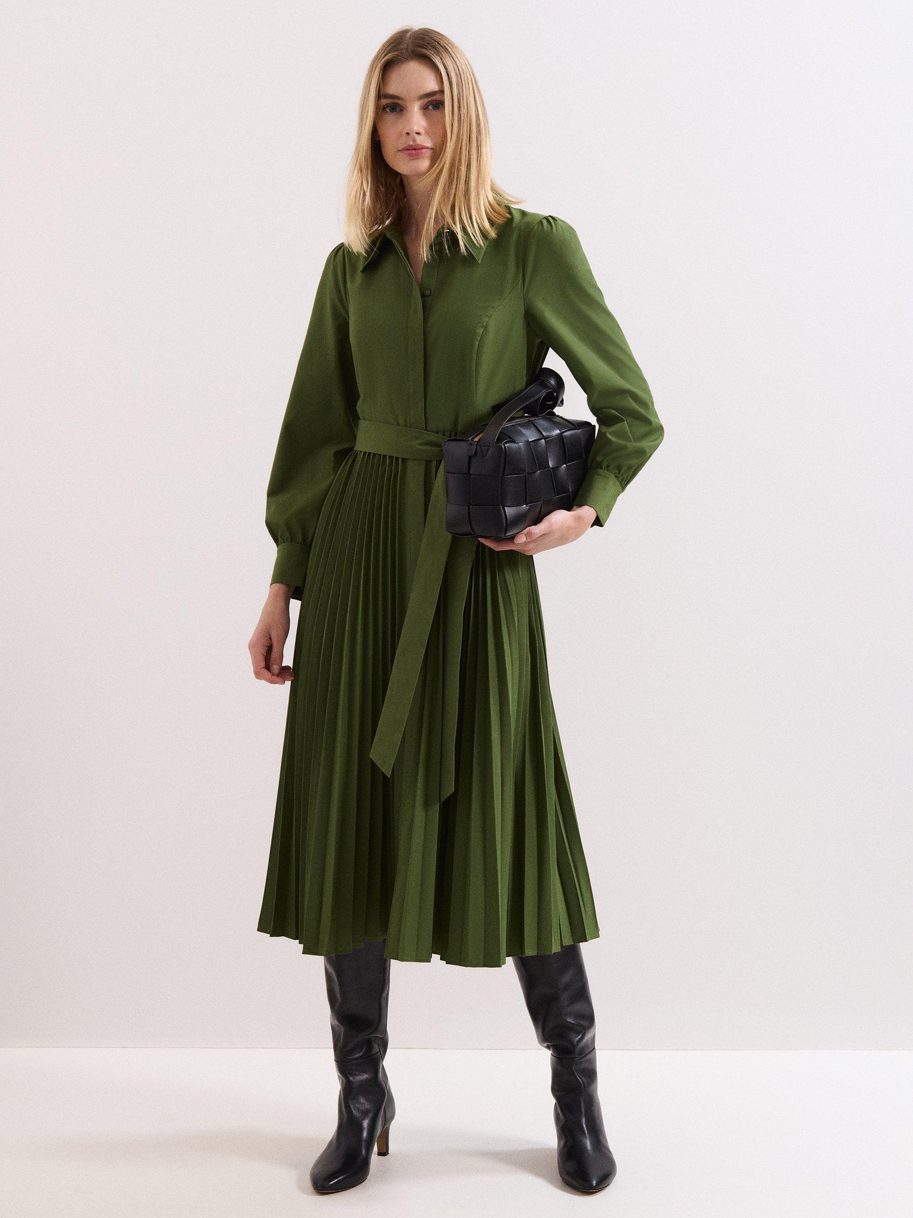 Product image 1 of 10, which shows Phase Eight Pleated Midi Dress, Green, 6