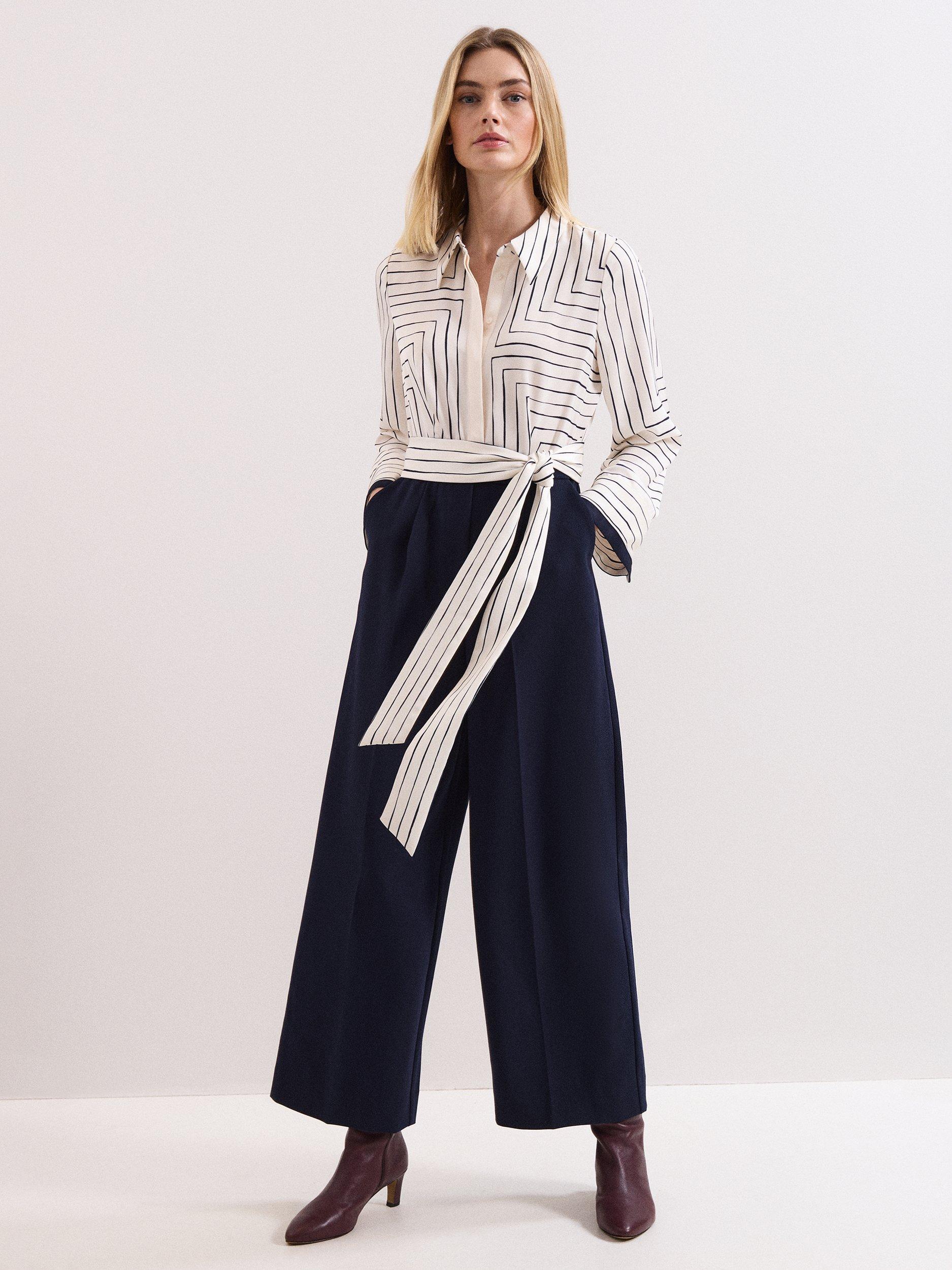 Product image 1 of 7, which shows Phase Eight Geometric Wide Leg Jumpsuit, Navy/Ivory, 6