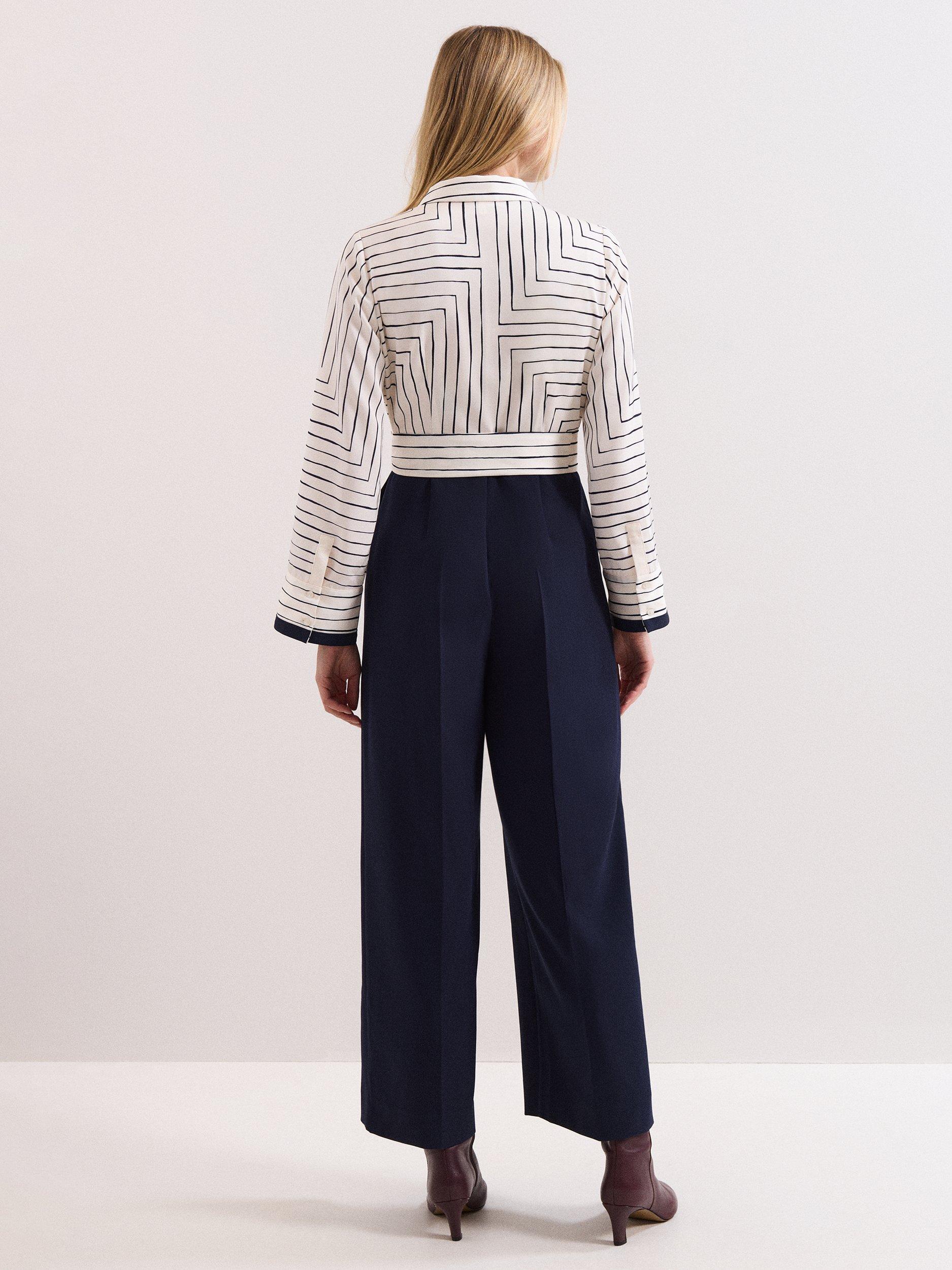 Product image 2 of 7, which shows Phase Eight Geometric Wide Leg Jumpsuit, Navy/Ivory, 6