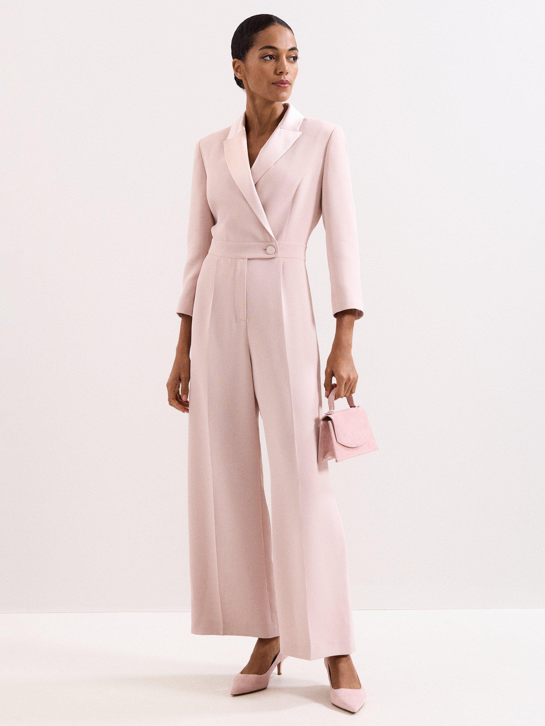 Product image 1 of 8, which shows Phase Eight Mirella V-Neck Tux Jumpsuit, Pale Pink, 20